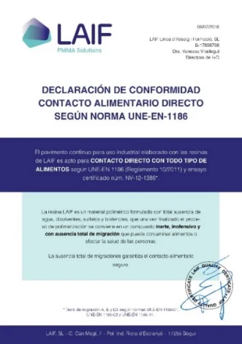 Dichiarazione di conformità per il contatto alimentare diretto