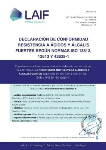 Dichiarazione di conformità resistenza agli acidi e alle basi